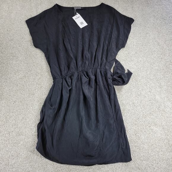 Yoins Womens Wrap Dress Large Black Tie Crewneck Short Sleeve Ruched Mini NEW - Picture 1 of 16